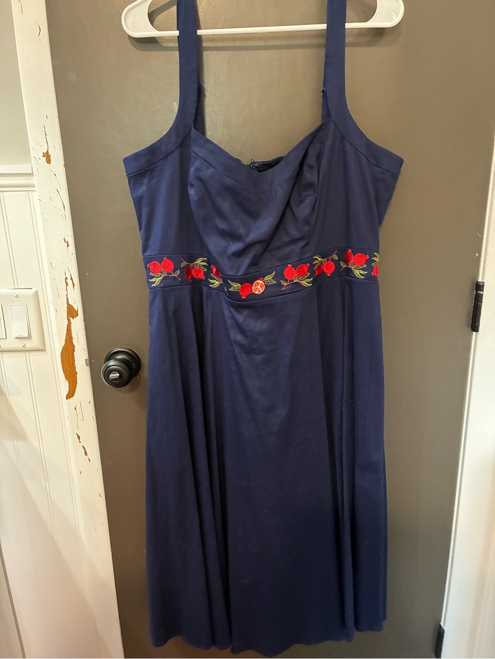 Modcloth collab with Collectif Navy Midi Dress with Red pomegranate Embroidery